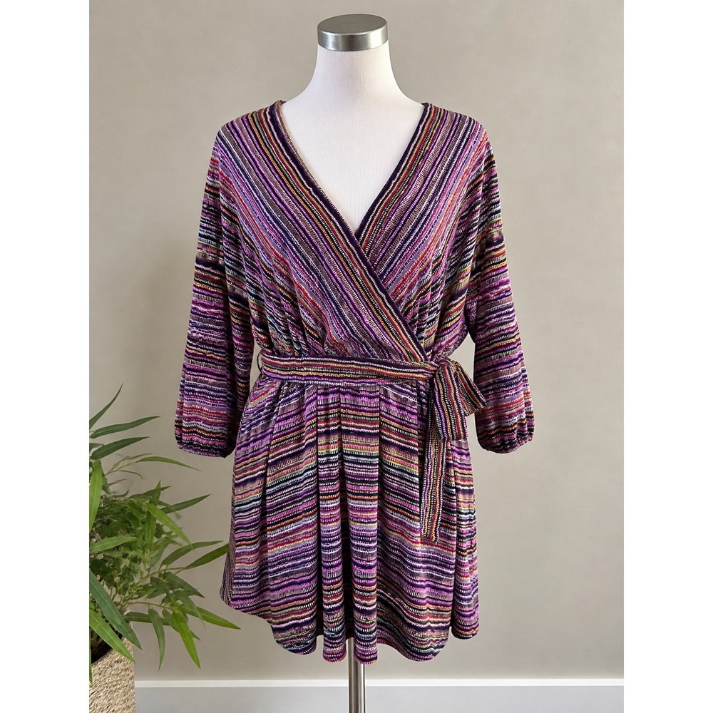 Maison Tara Women Purple Multi Striped V-Neck Wrap Style Belted Dress NWT